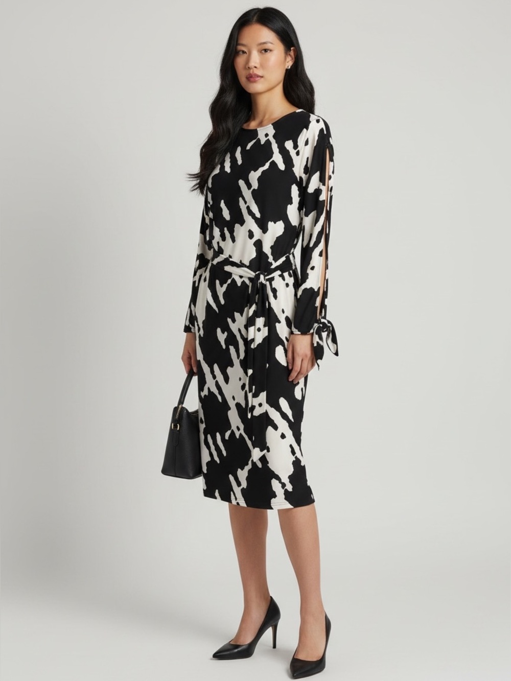 Black & Off White Sheath Dress with Matching Fabric Belt  ~ Size XS ~ NWT